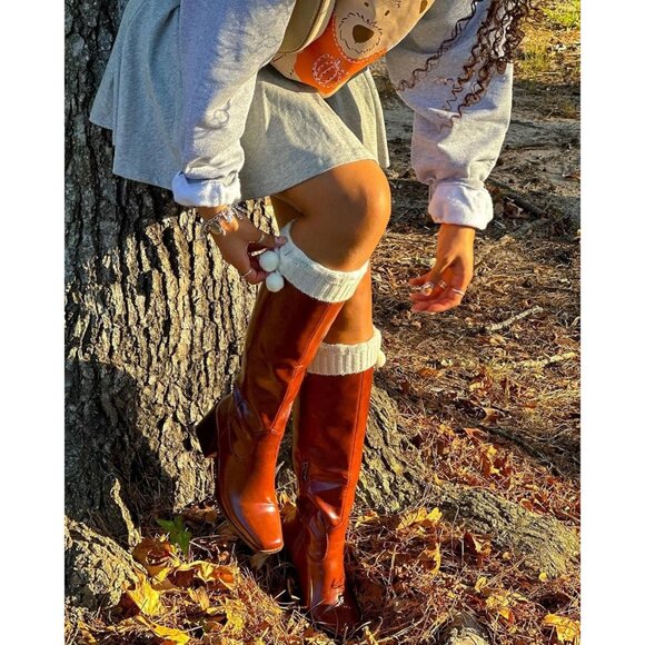 Women Caramel Polyurethane Knee High Square Toe Side Zipper Block Heel Tall Boot - Picture 3 of 9